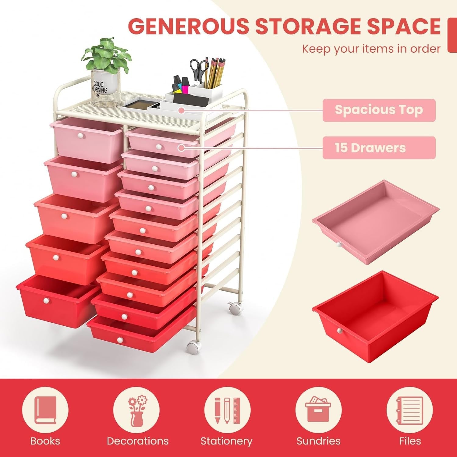 Gradient Pink 15 Drawer Rolling Storage Cart Beauty Craft Organizer