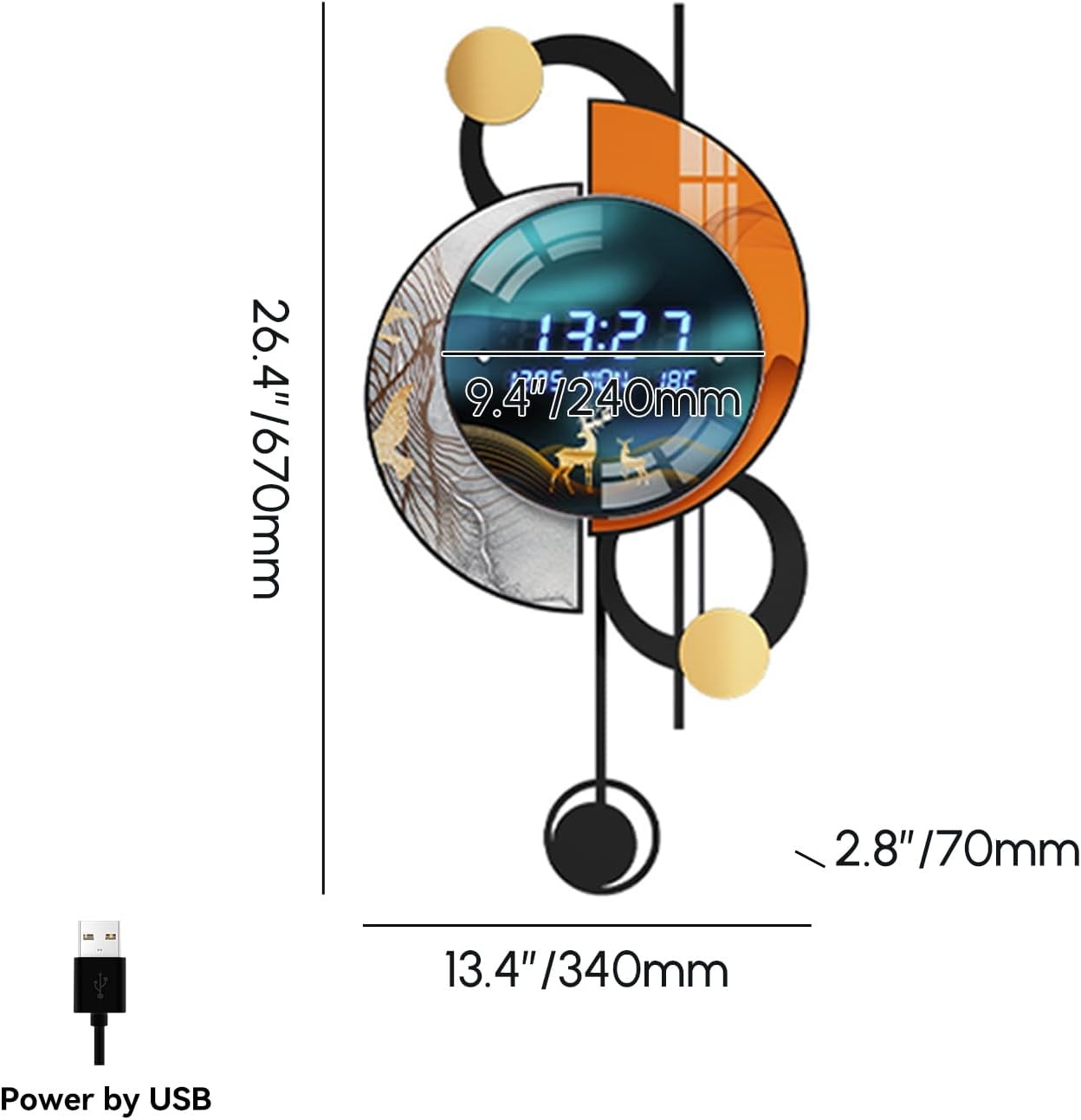 Modern LED Digital Wall Clock Silent Time Temp Display 34x67cm USB Battery