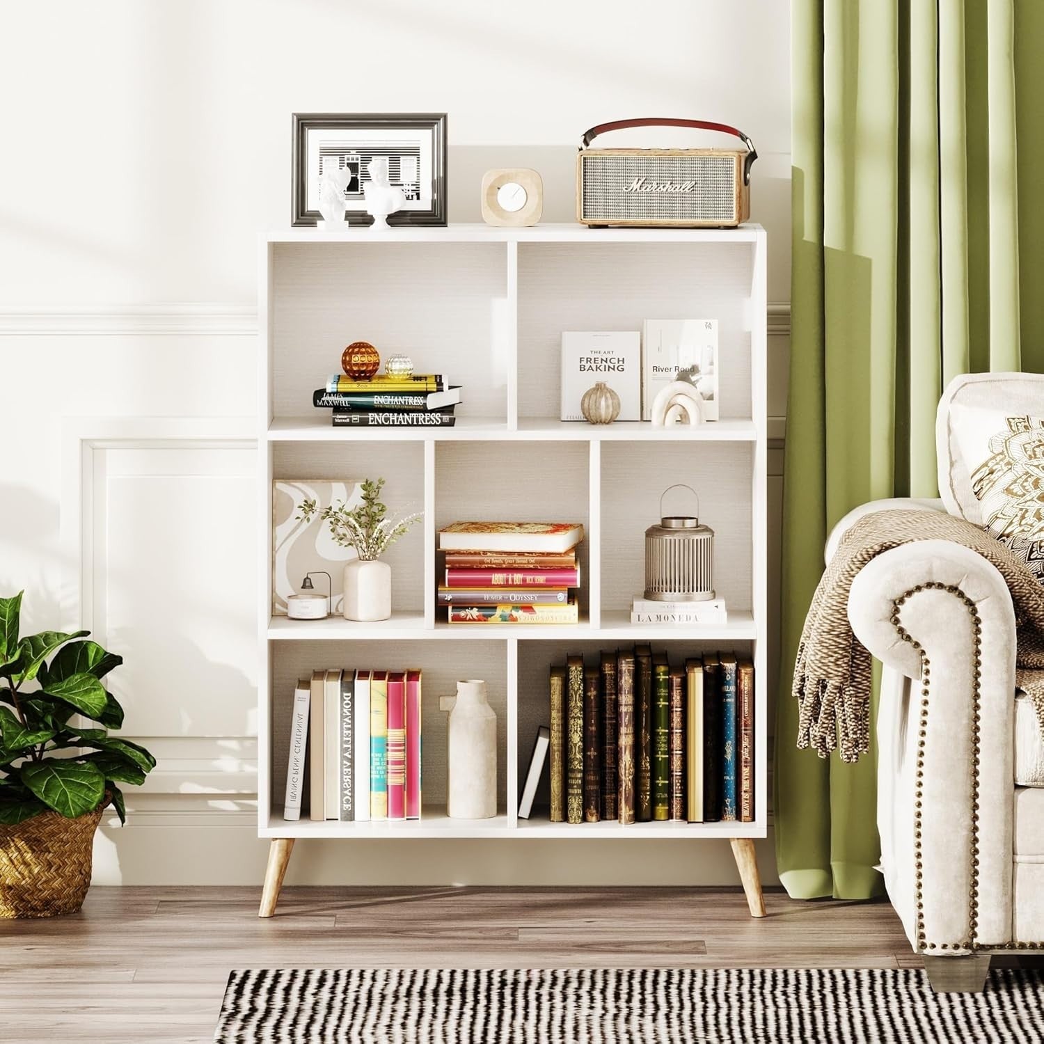 7 Cube White Wooden Bookcase Modern 3 Tier Storage Shelf with Legs 80x24x107cm