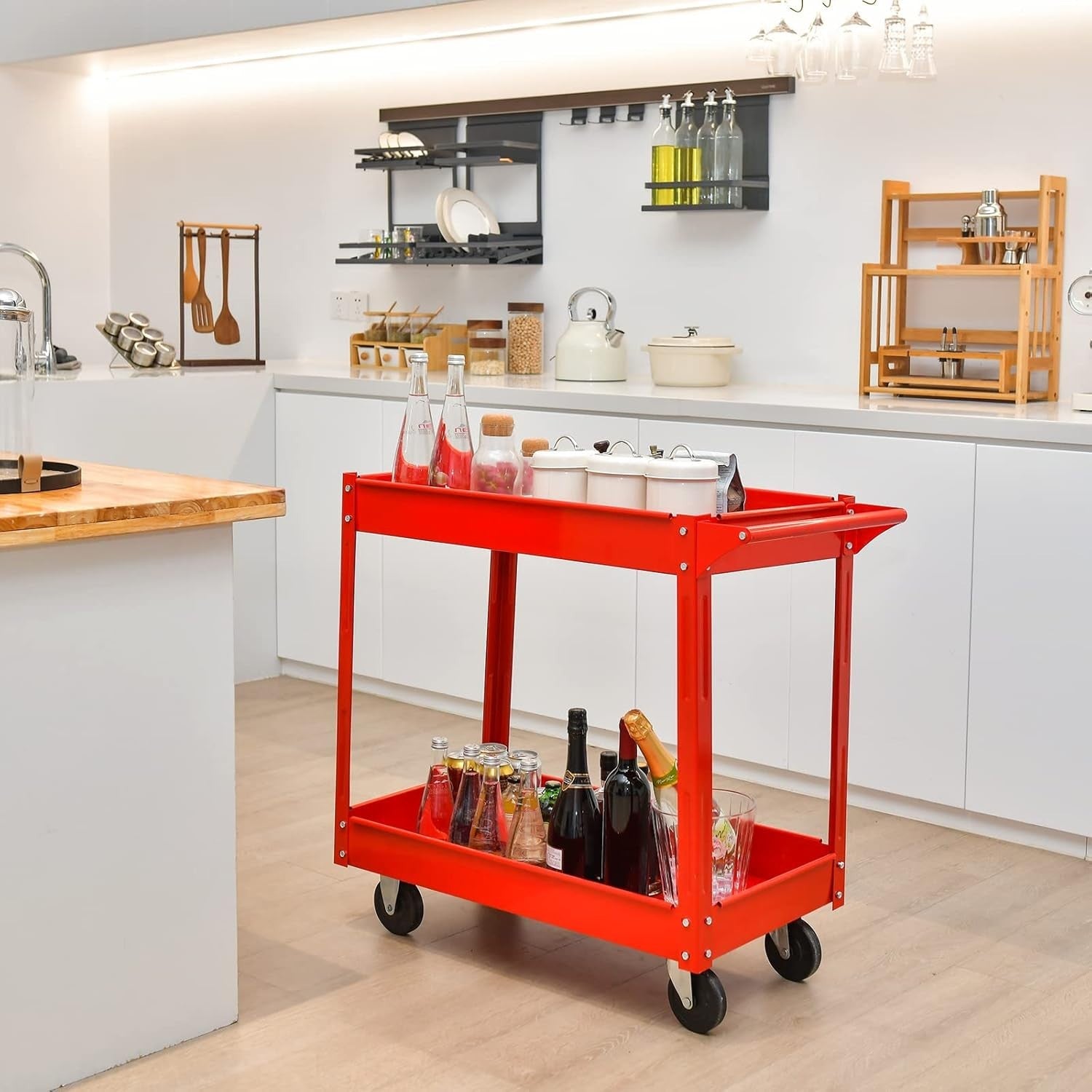 2 Tier Heavy Duty Rolling Utility Trolley Cart with Wheels Red