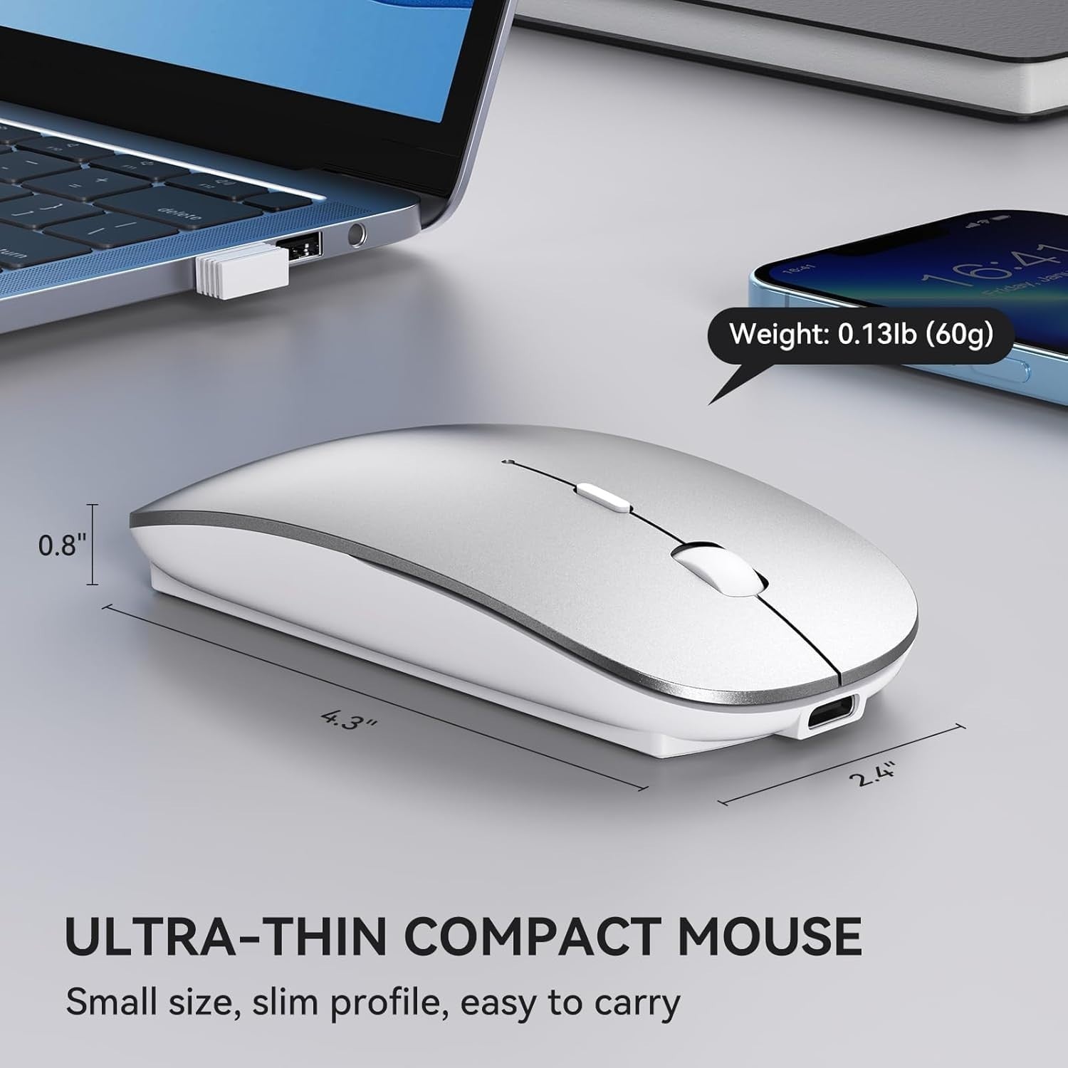 Slim Rechargeable Wireless Mouse USB-C USB-A Silent Click Laptop PC Mac