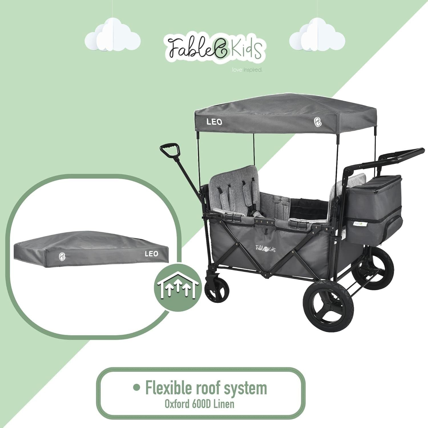 Foldable Kids Wagon with Roof 4-Seat 5-Point Belts Off-Road Wheels Grey