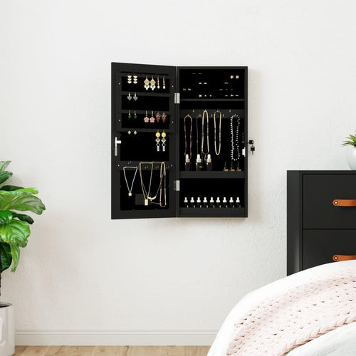 Compact LED Jewelry Mirror Cabinet Lockable Wall Hanging Storage Black