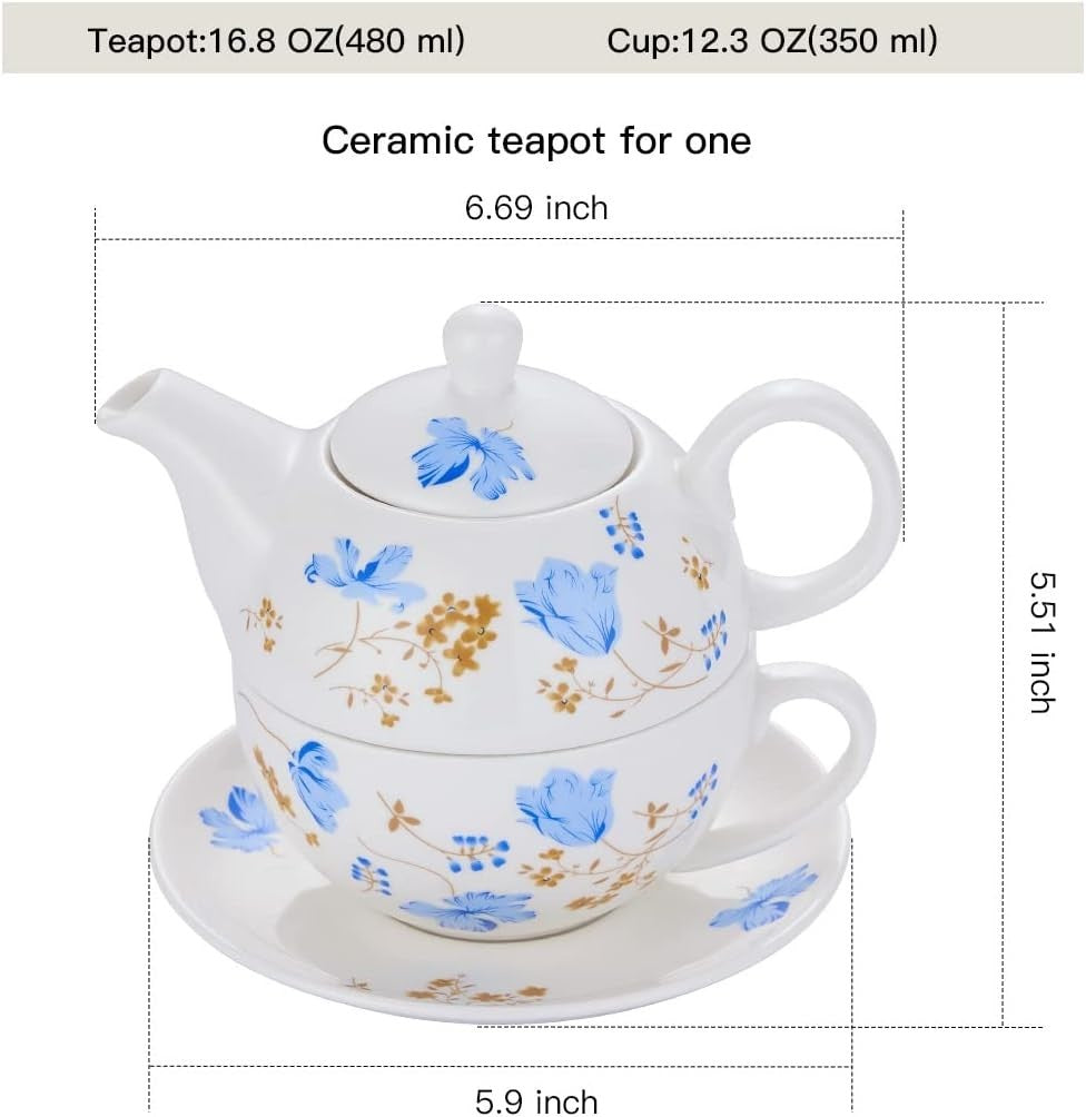 Tea for One Porcelain Teapot Cup Saucer Set Blue Orchid Floral Gift