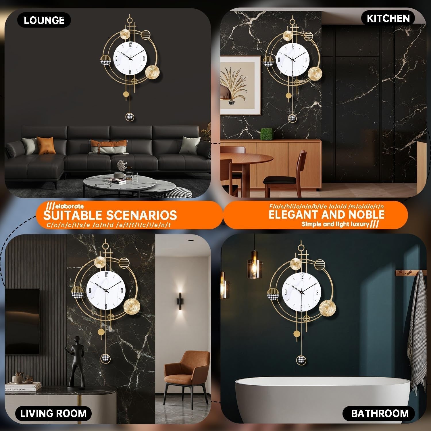 39×71cm Gold Pendulum Wall Clock – Silent Quartz Modern Large Decorative Clock