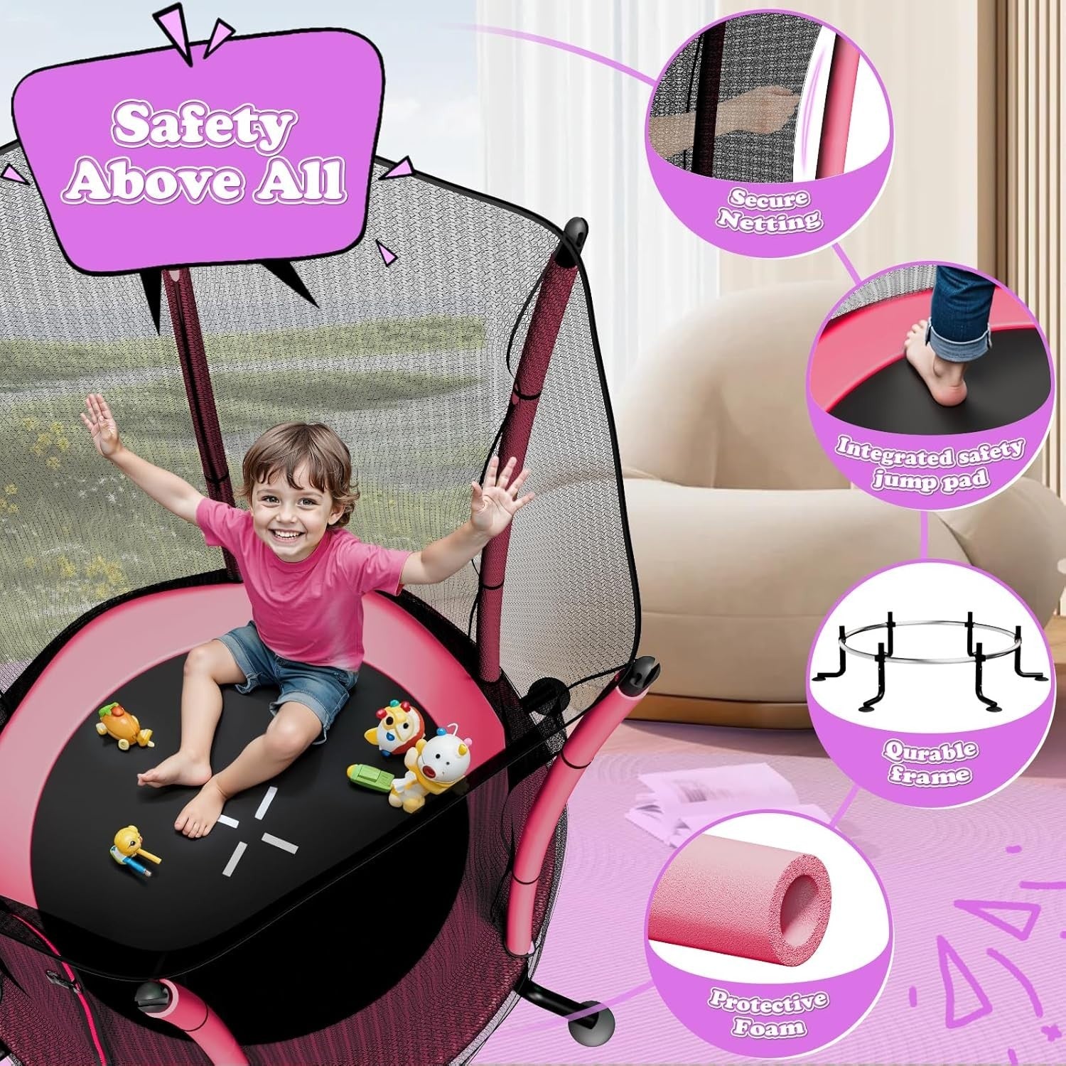 55in Toddler Trampoline Safety Enclosure Anti-Slip Indoor Outdoor