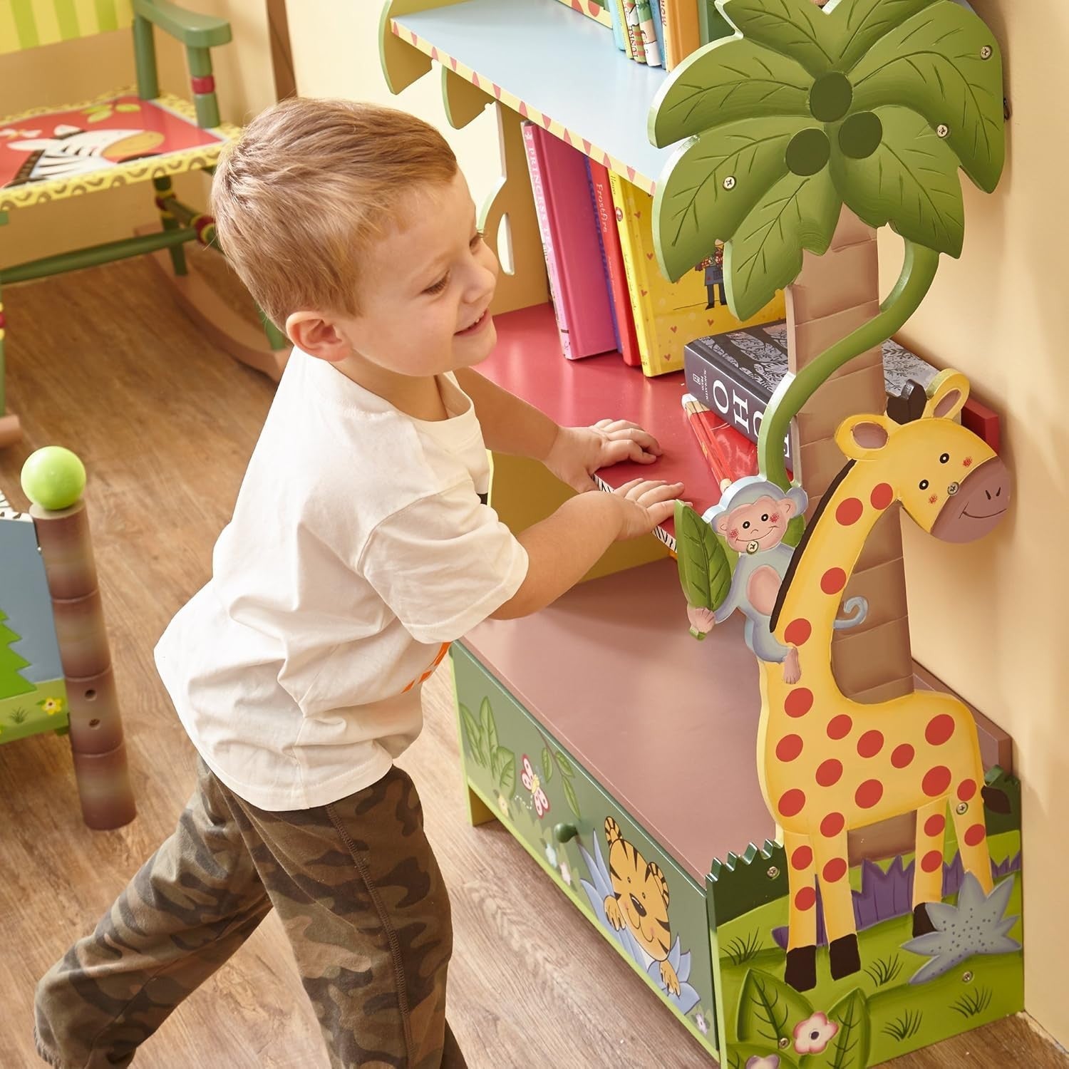 Safari-Themed Kids Bookshelf with Drawers, Large Wooden Storage Unit 96cm