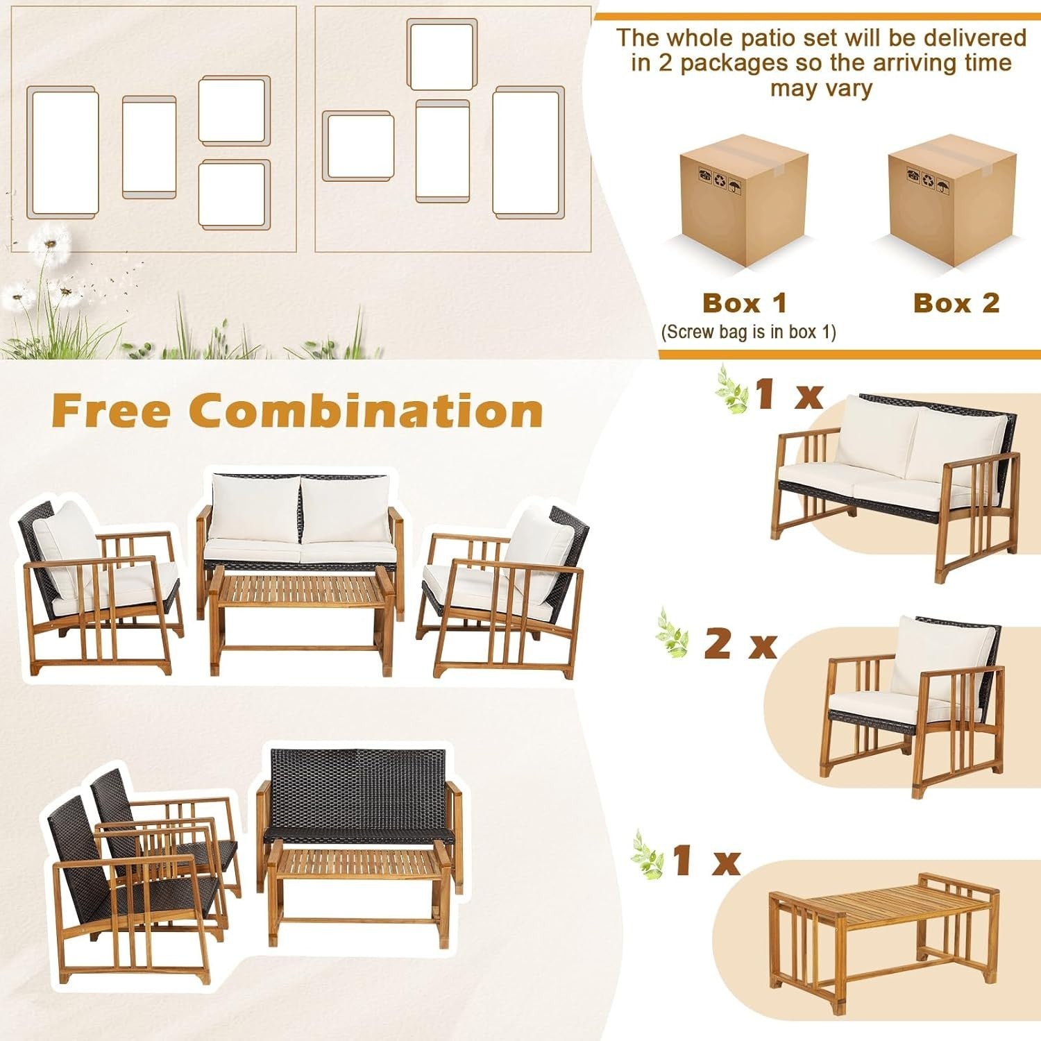 4 Piece Rattan Garden Sofa Set with Chairs Table Outdoor Patio Conversation