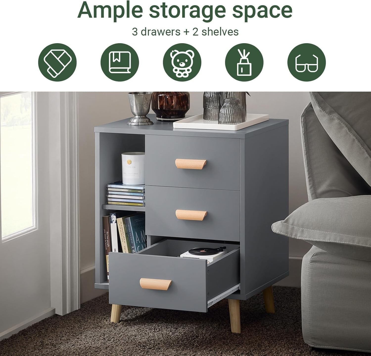 Modern Grey 3 Drawer Bedside Table with Shelves – Wooden Storage Cabinet