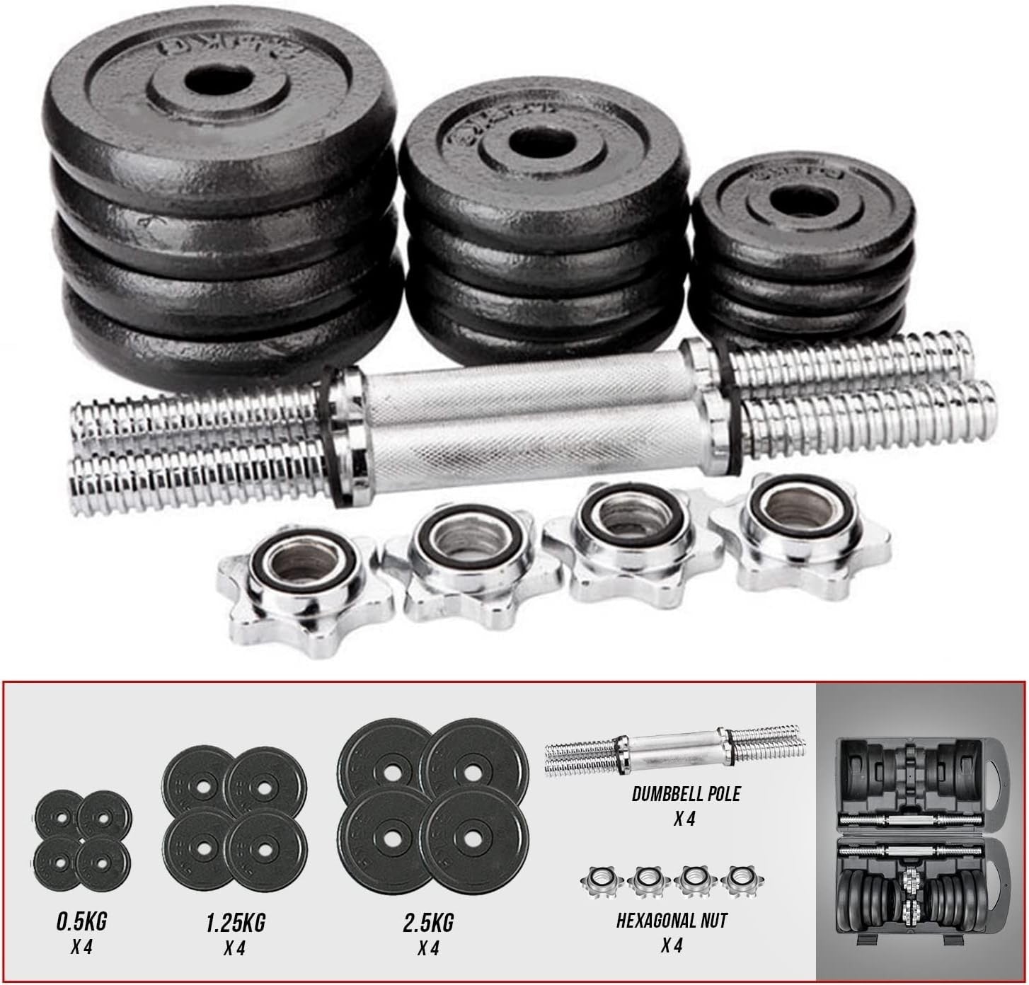 20KG Adjustable Dumbbells Set Spinlock Cast Iron Home Gym Weights