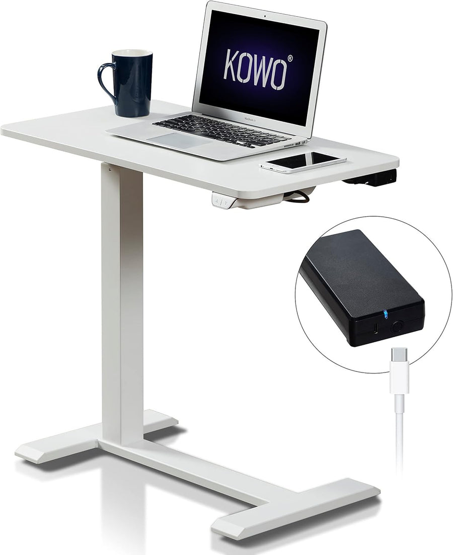Electric Standing Desk on Wheels Height Adjustable Overbed Laptop Table White