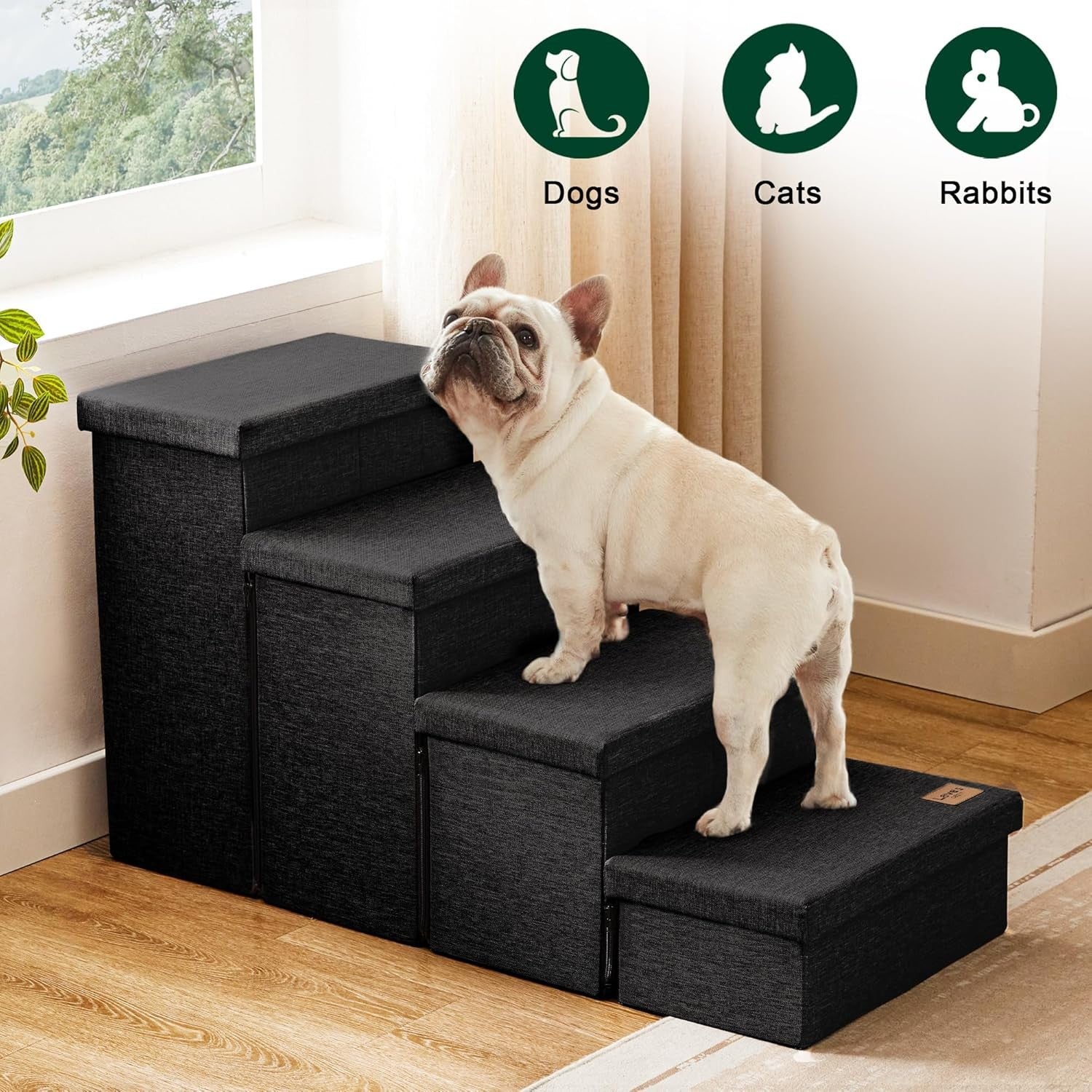 Dog Stairs 4 Step with Storage Foldable Pet Steps Black 200lb