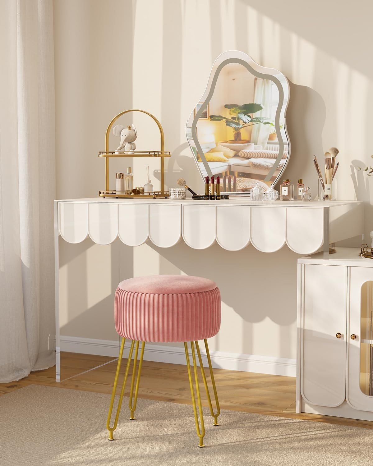 Pink Velvet Storage Footrest Ottoman – Golden Leg Vanity Stool Side Table