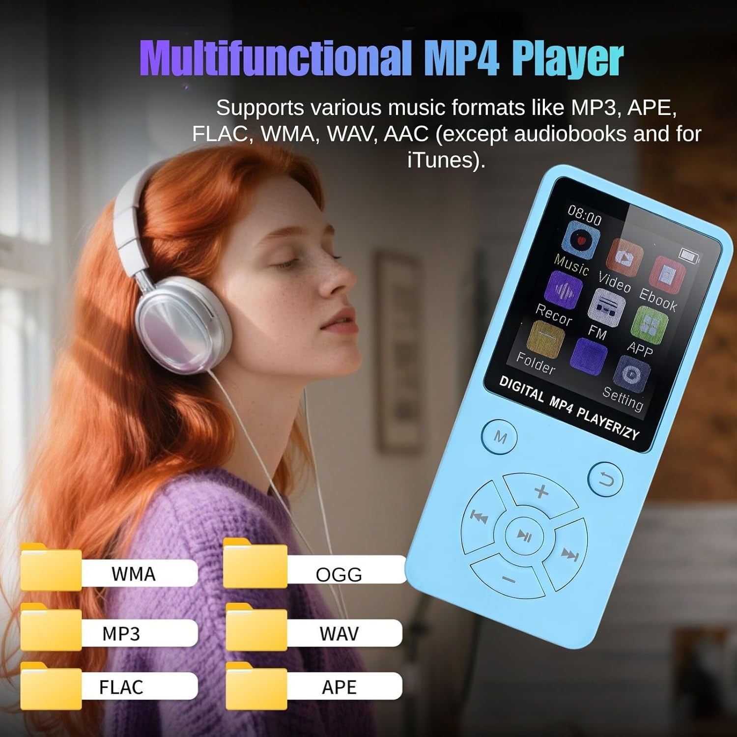 64GB Bluetooth 5.0 MP3 MP4 Player 1.8" LCD FM Radio Blue