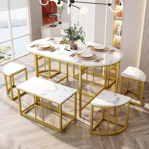 Luxury 6-Seater Dining Table Set with Marble Top & Gold Iron Frame - Modern Chic