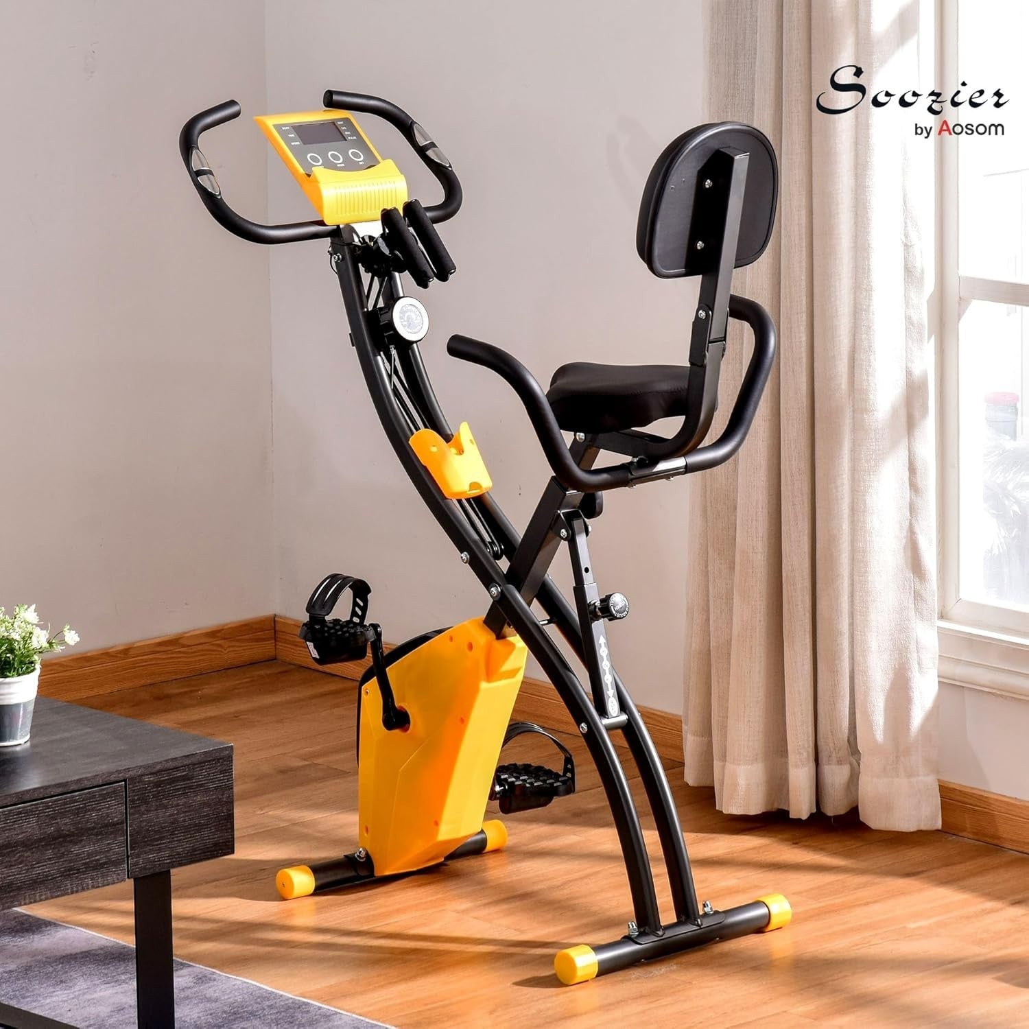 Yellow 3-in-1 Folding Exercise Bike Magnetic Resistance LCD Pulse & Bands