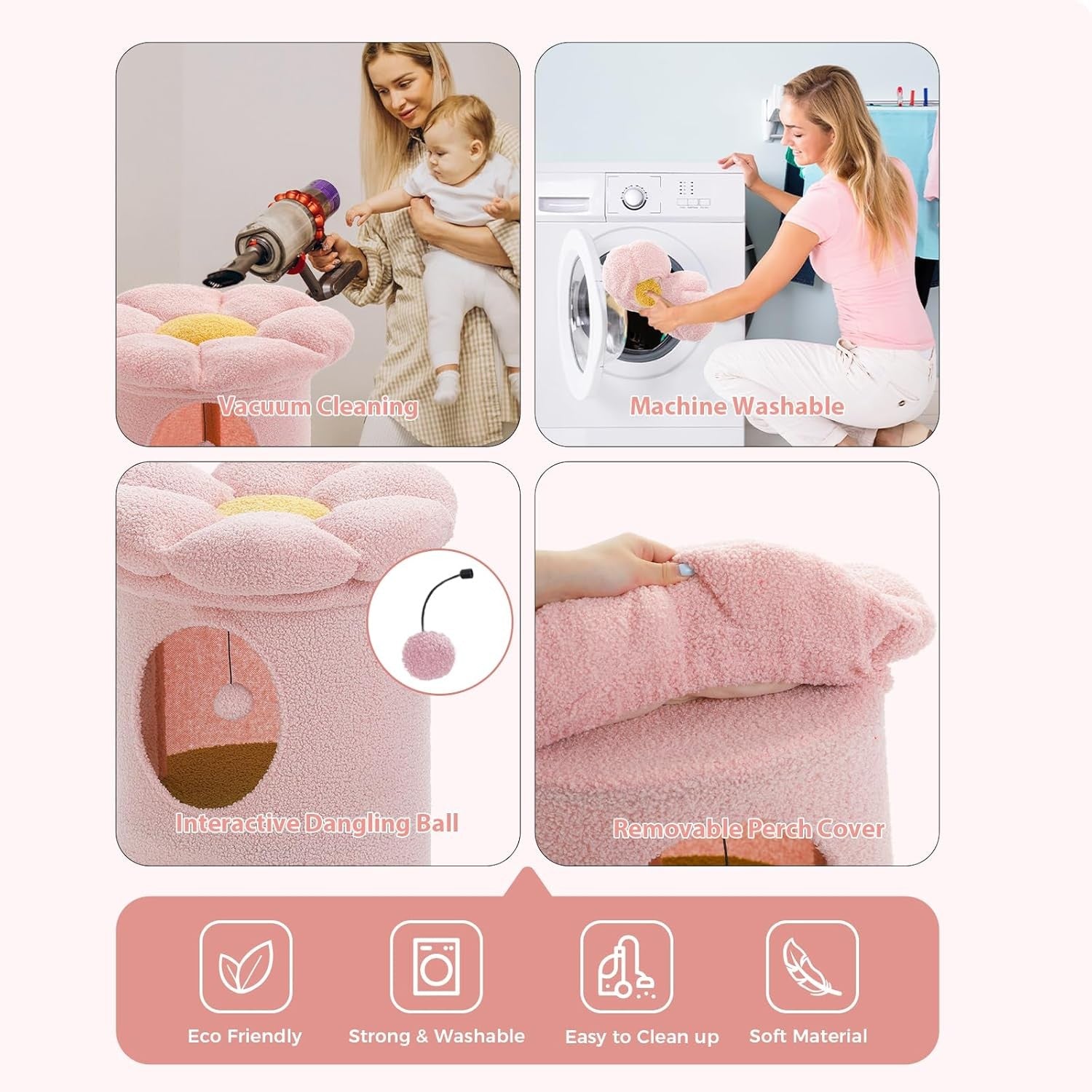 Flower Cat Cave Bed with Condo Top Perch Hideaway Tower Pink 2 Level