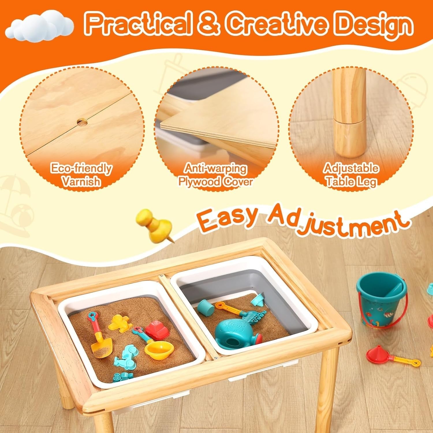 Adjustable Kids Sensory Table with 2 Storage Bins, Sand & Water Play, Pine Wood