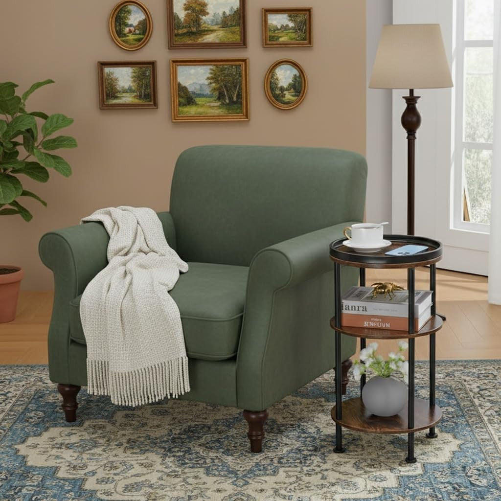 3 Tier Round Side Table with Storage Shelf Metal Frame Small Space Brown 30x55.