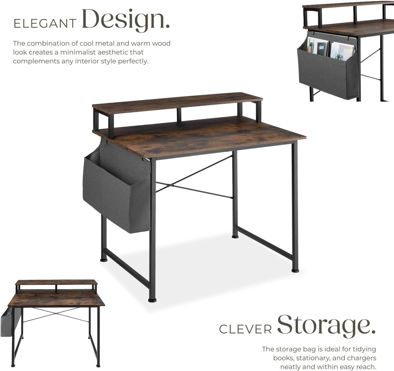 Computer Desk Dark Wood 120x60cm with Monitor Stand & Side Storage Bag