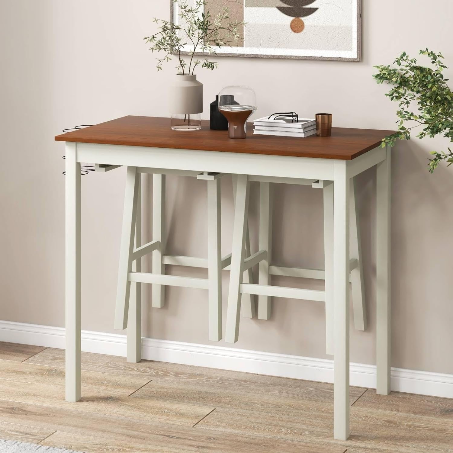 Cream White & Walnut Space-Saving Bar Table Set 2 Stools, Wine Holders, Footrest