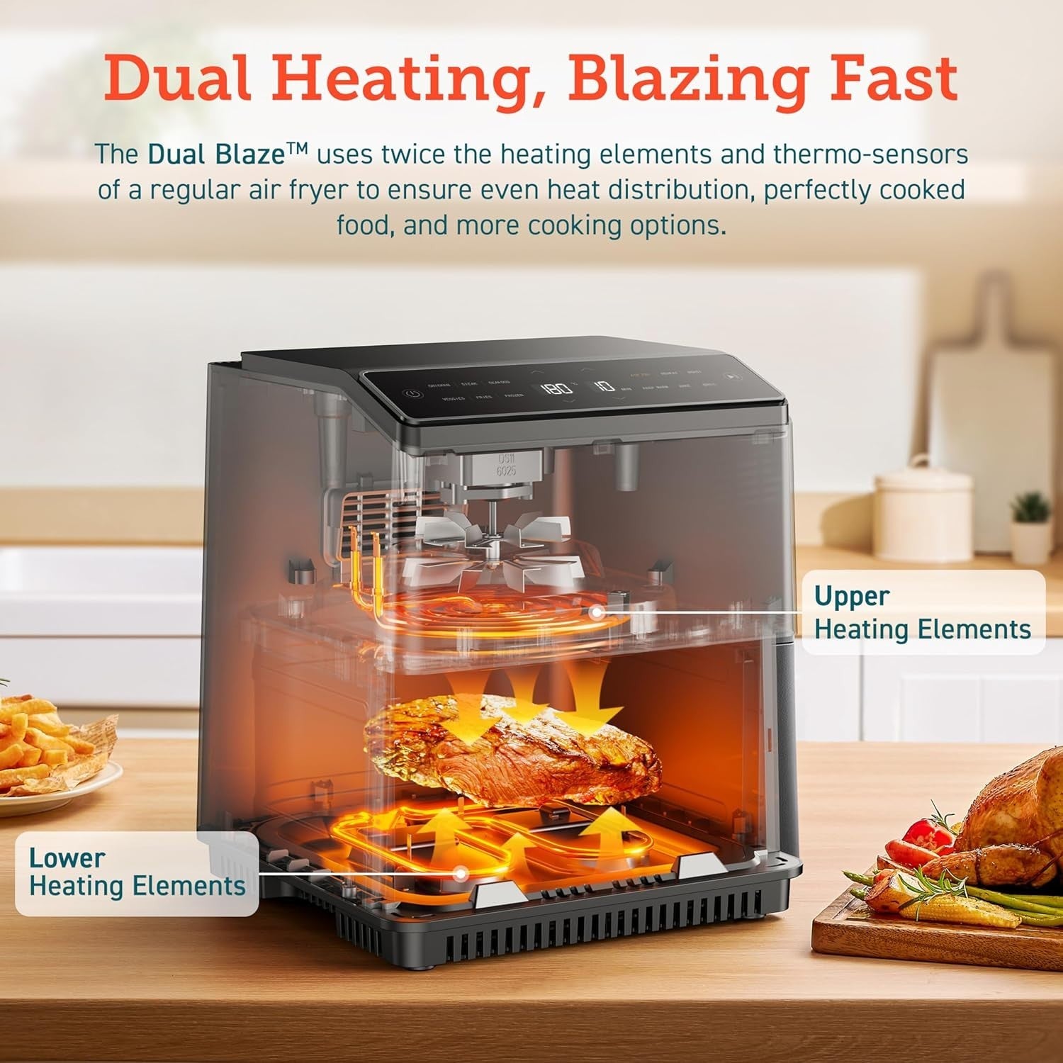 6.4L Dual Heat Smart Air Fryer No Shake No Preheat App Control 12 Functions