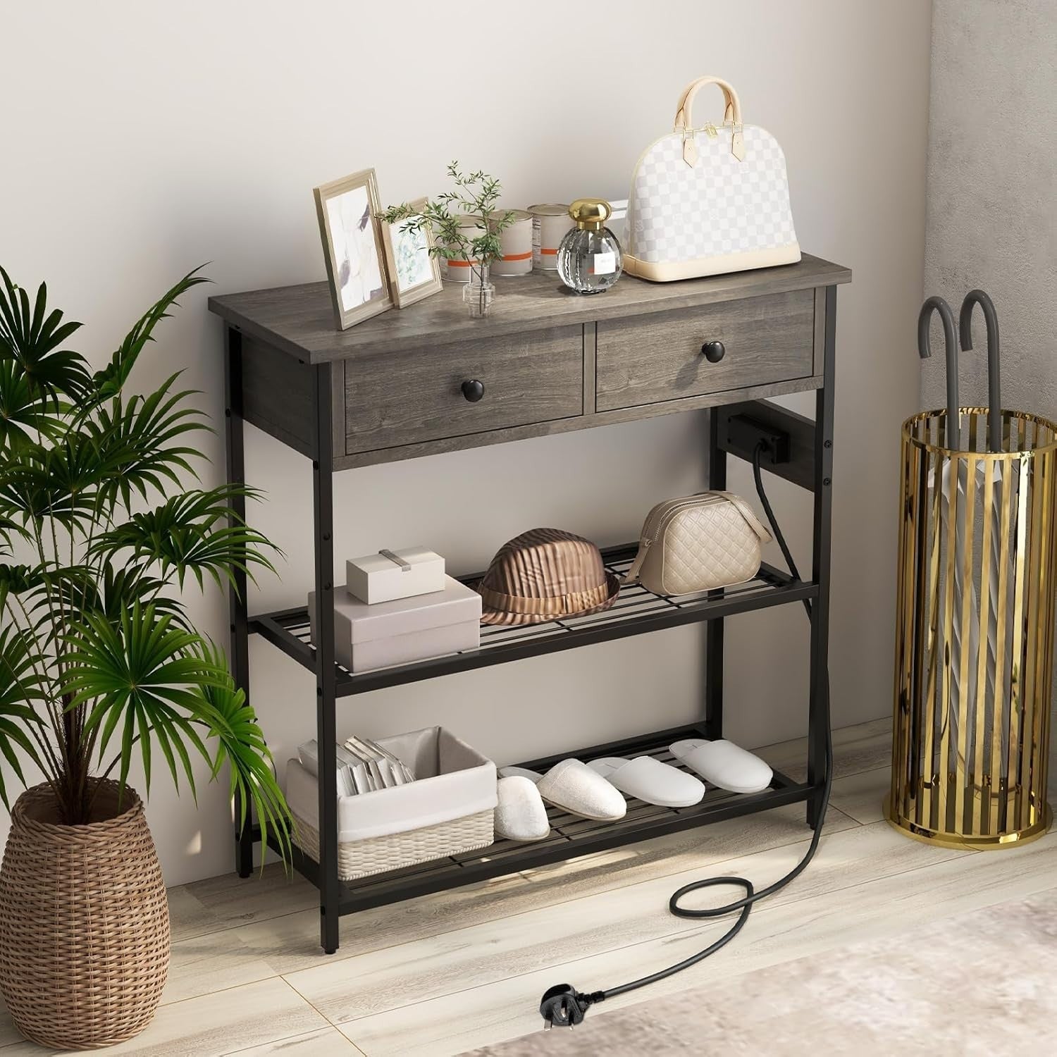 Slim Console Table with Charging Station, 2 Drawers, Storage Shelves 81cm