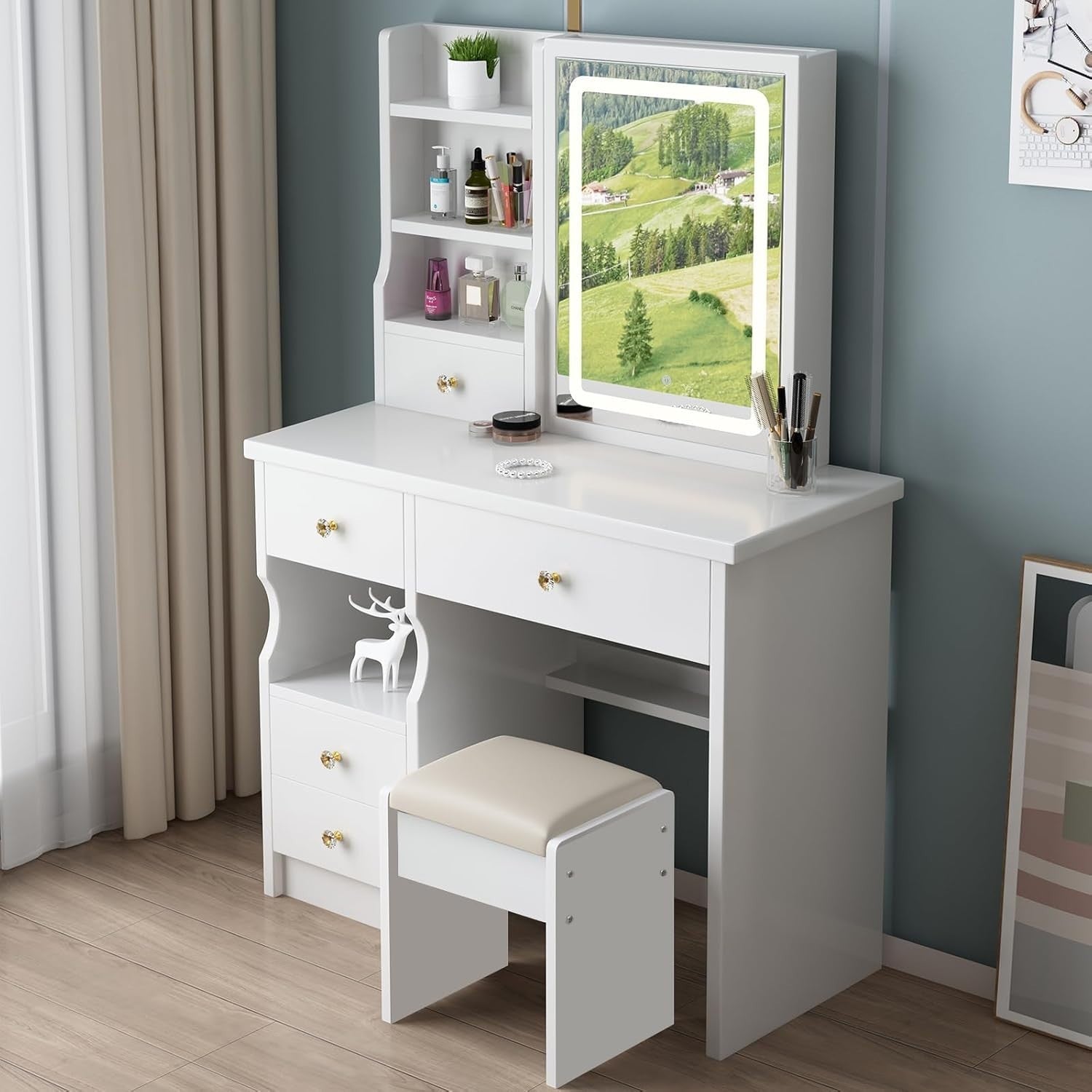Dressing Table w/Sliding Mirror LED Lights 3 Drawers Makeup Vanity Desk White