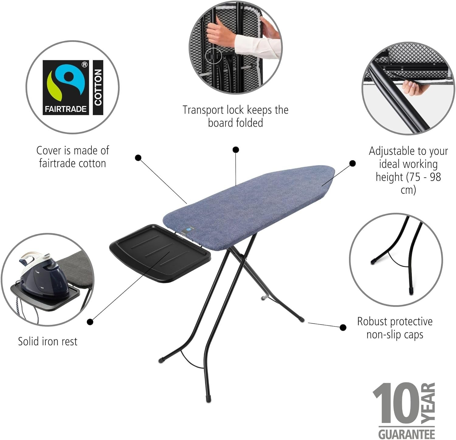 Wide Ironing Board Solid Steam Unit Holder Height Adjustable 124x45cm