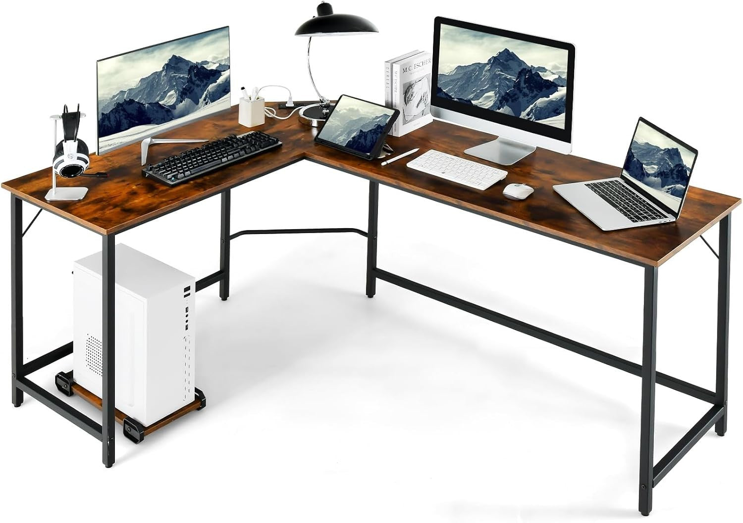 Rustic Brown L-Shaped Desk 168cm Corner Computer Table with CPU Stand