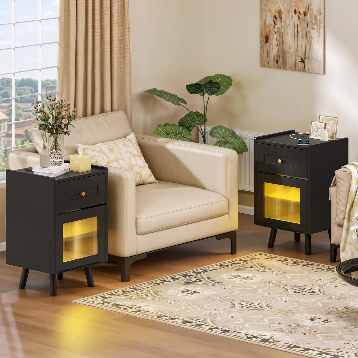 Black LED Bedside Table | Nightstand with Drawer & Adjustable Shelf 40×62cm