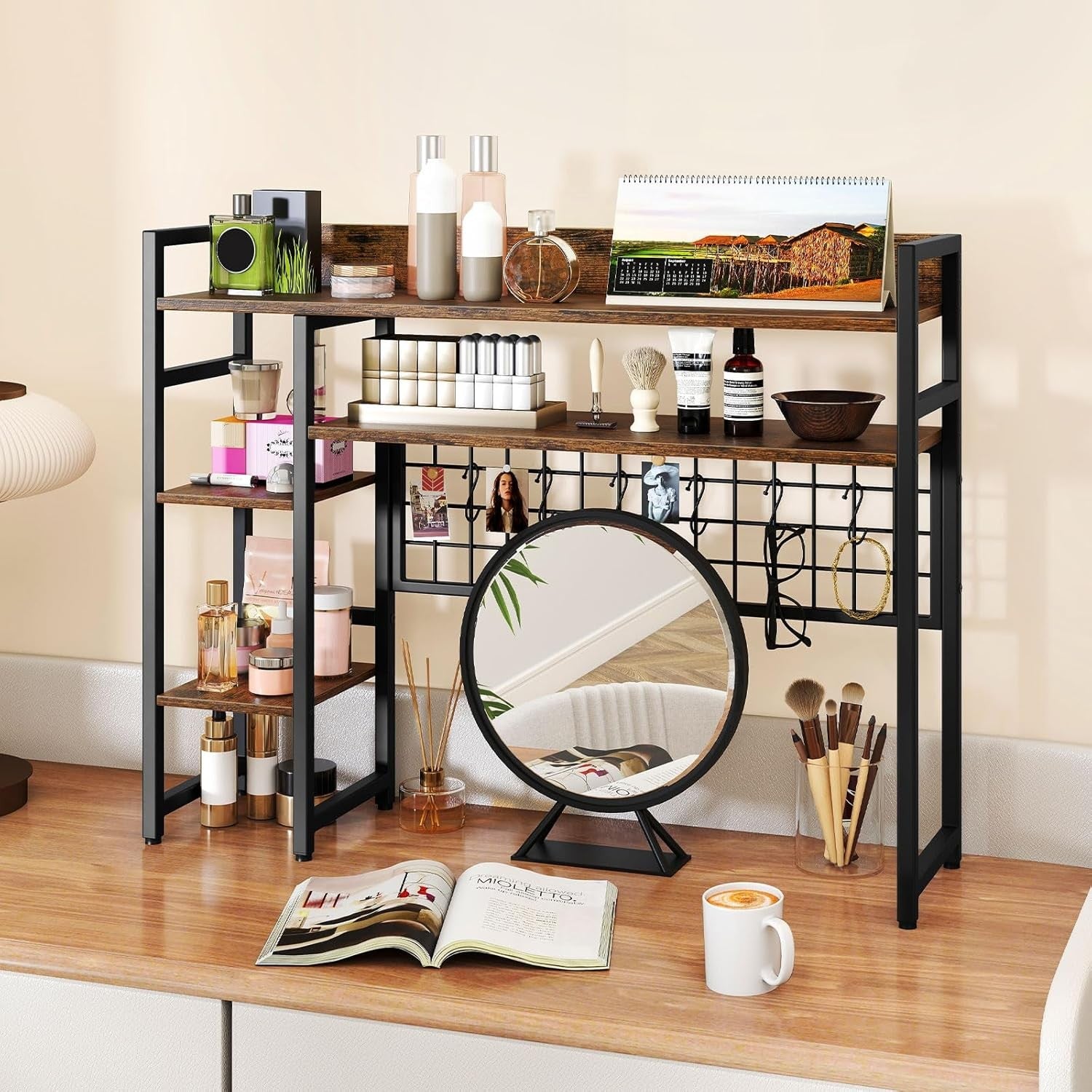4-Tier Rustic Desktop Hutch Bookshelf Monitor Stand with Hooks Desk Organizer
