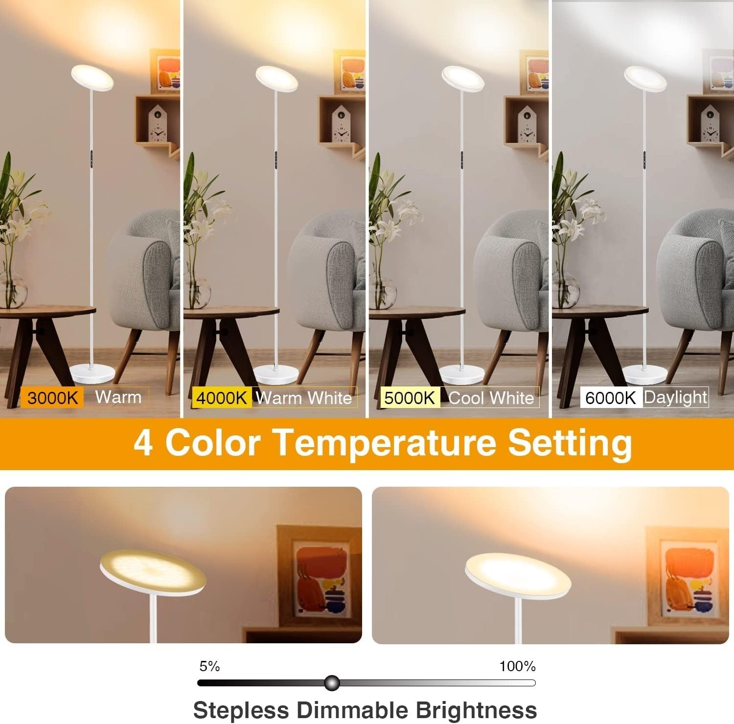 Dimmable LED Floor Lamp 3000LM with Remote & 1-Hour Timer, Touch Control