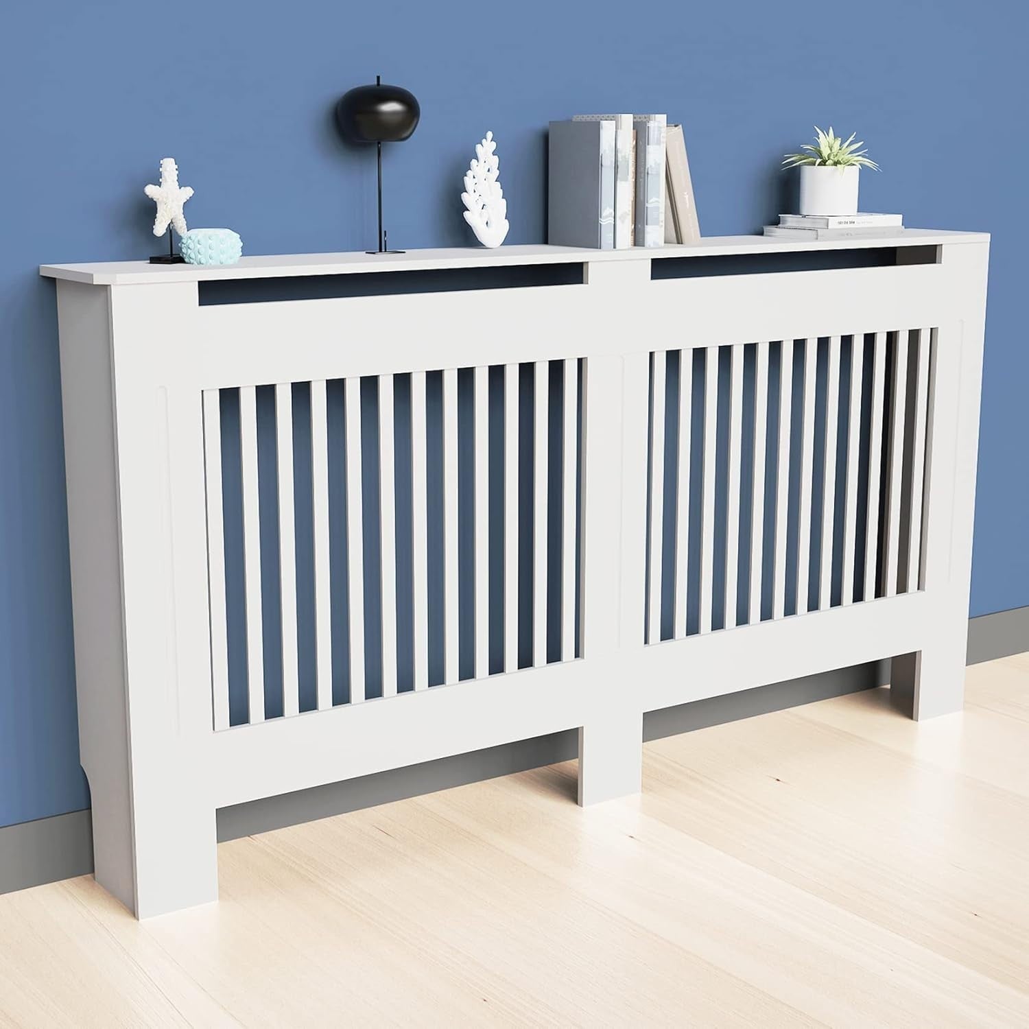 Large White Radiator Cover Cabinet 92cm MDF Vertical Slatted Heater Shelf