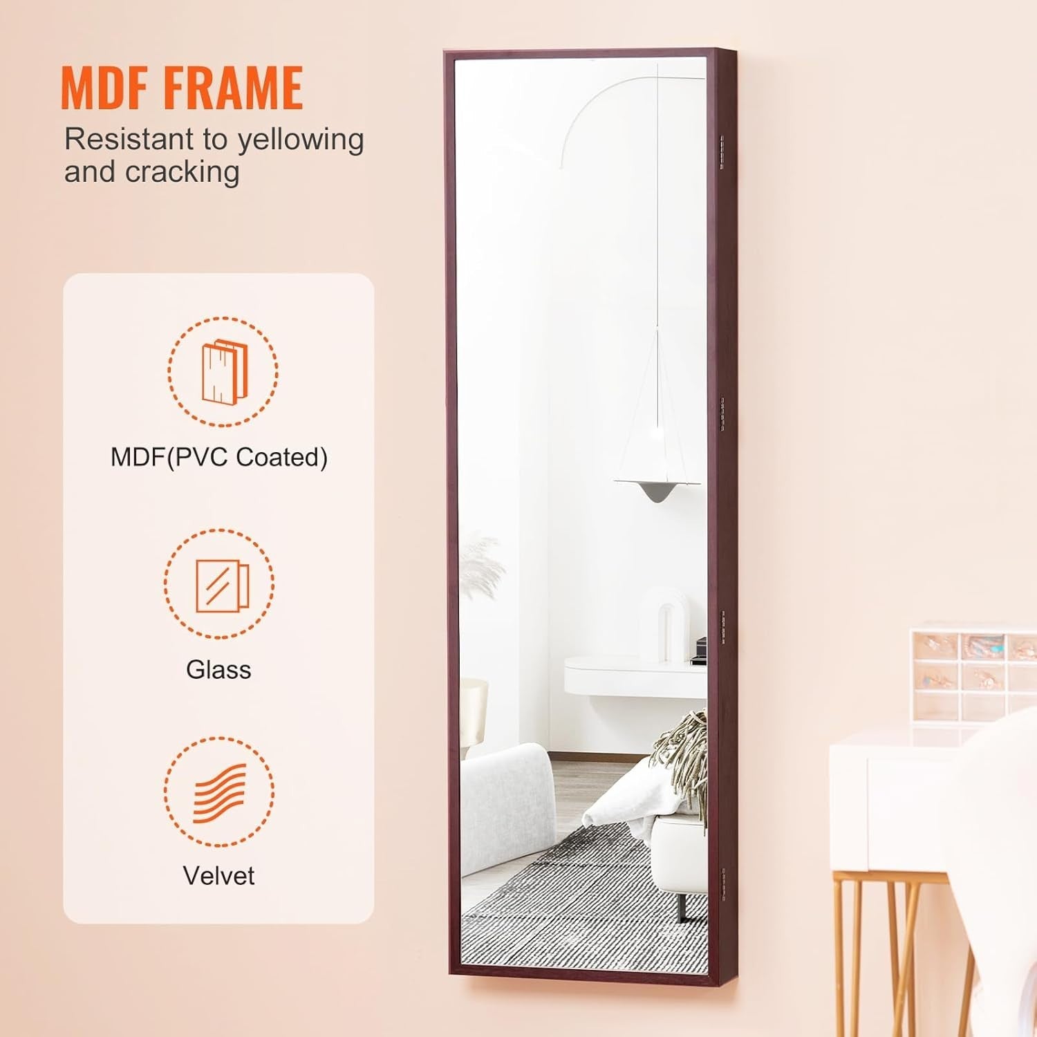 LED Jewelry Mirror Cabinet Lockable Wall Mounted Full Length Storage Brown