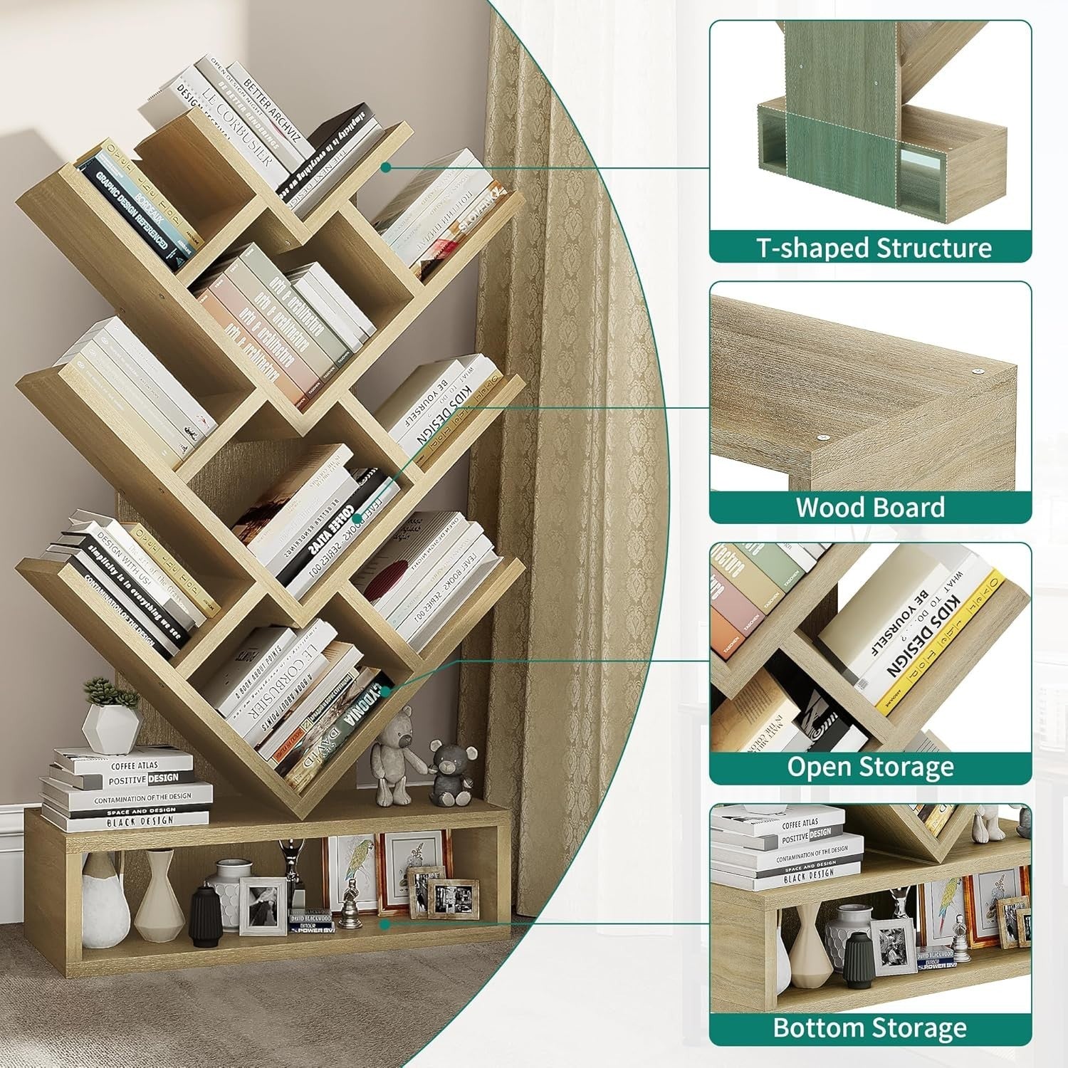 Tree Bookshelf with Drawer 5 Tier Oak  Wooden Bookcase Storage Rack