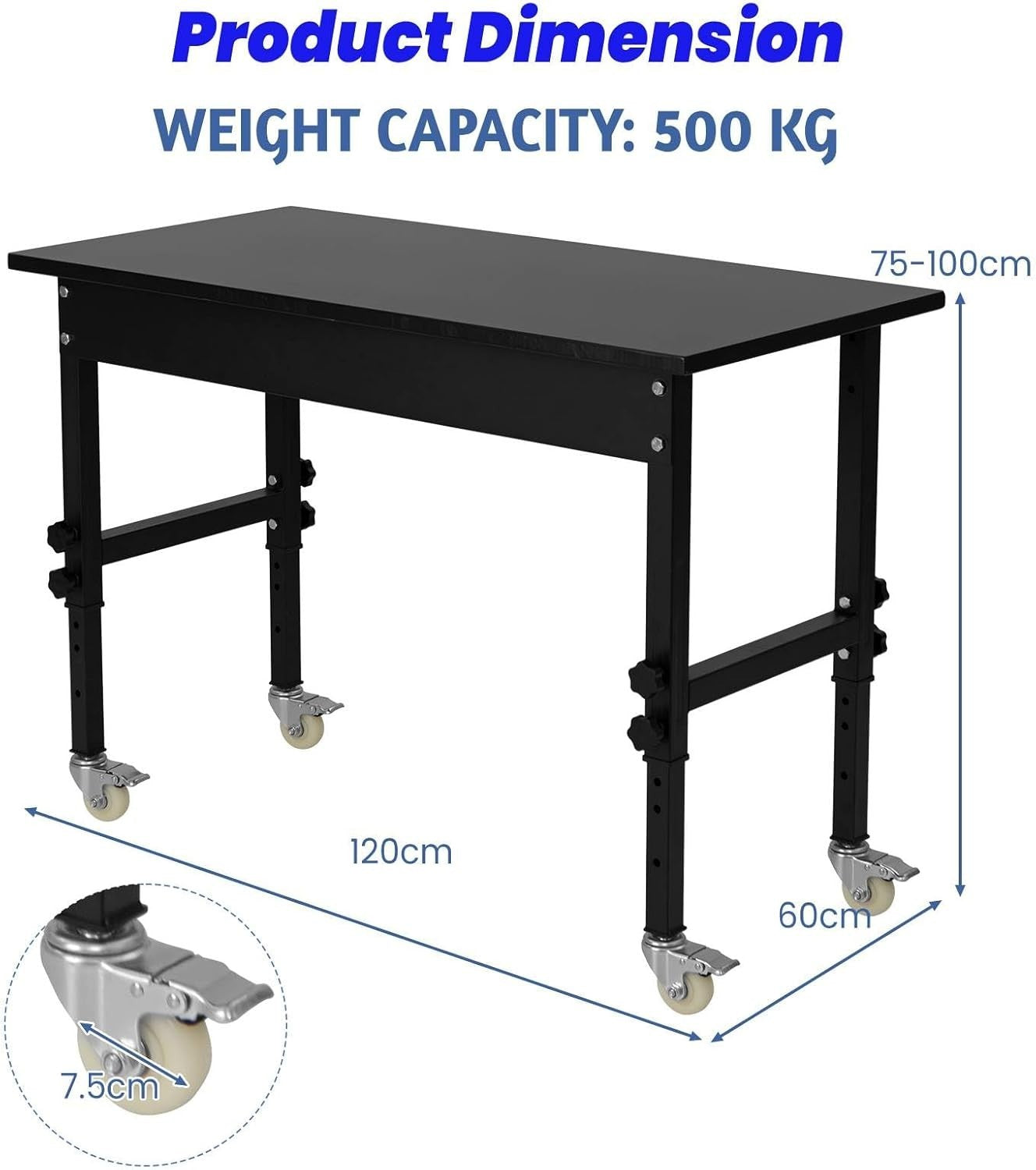 Height Adjustable Workbench 120x60cm 10-Level Rolling Table Bamboo Top