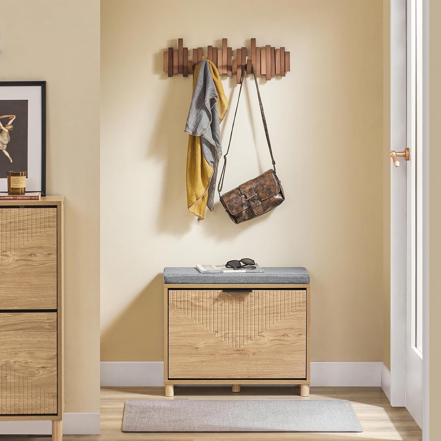 Compact Wooden Shoe Storage Bench with Flip Drawer & Padded Seat 60x24x50cm