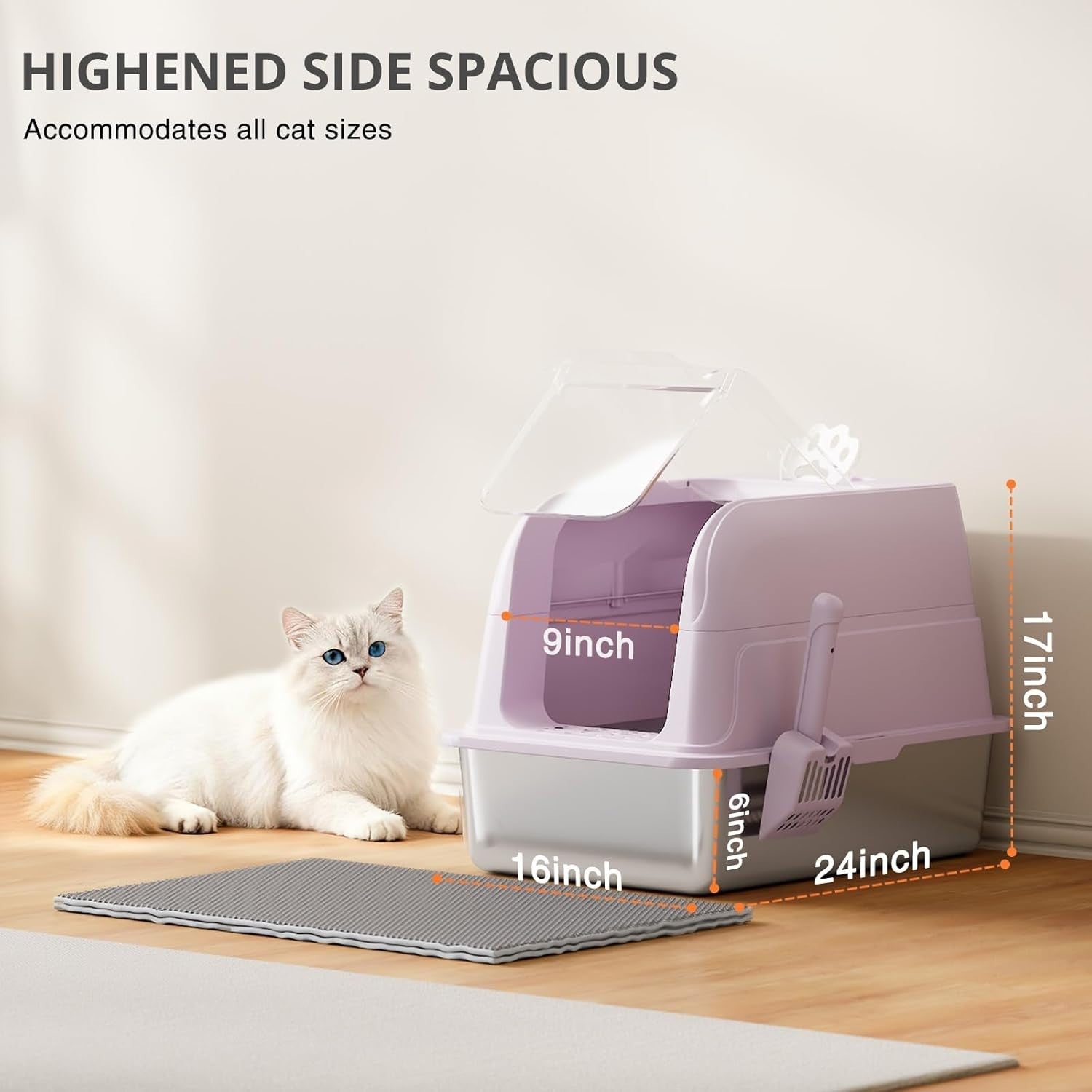 XL Stainless Steel Cat Litter Box Clear Lid High Sided Pink Tray