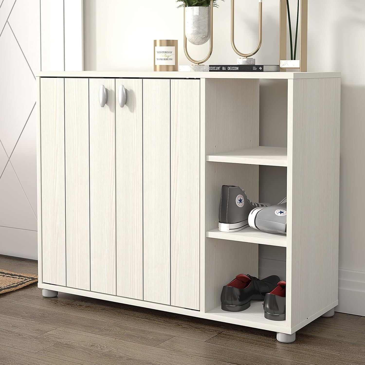 Cream Oak 2-Door Shoe Cabinet 12-Pair Storage 79.6x35.3x64.6cm