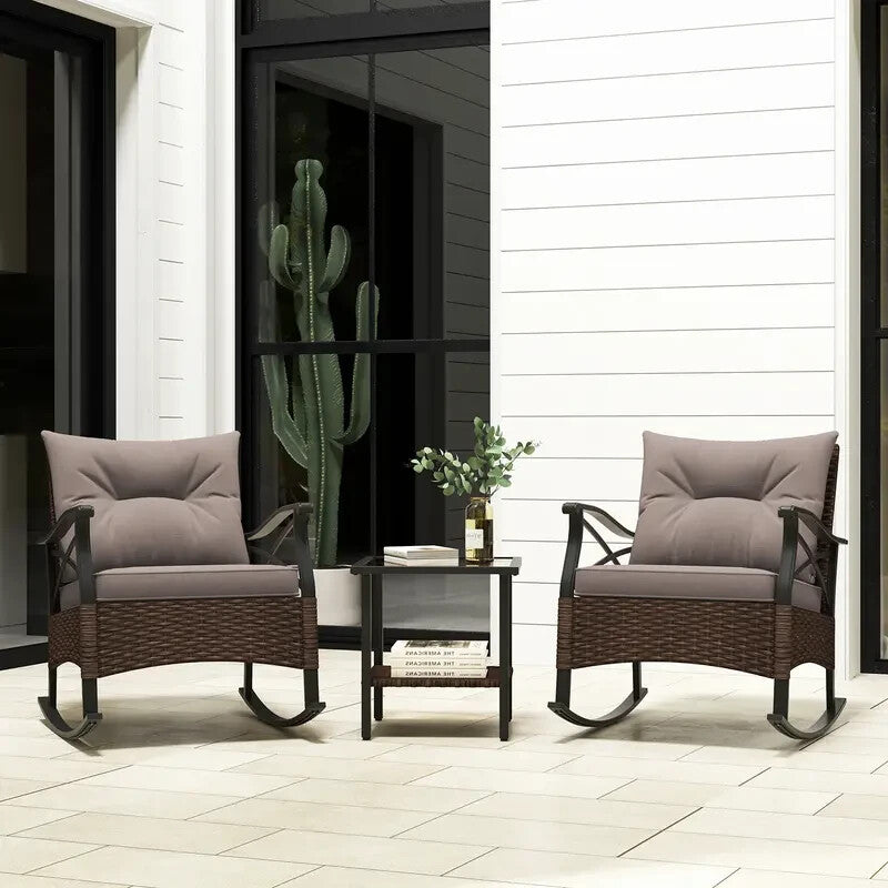 Patio Rattan Rocking Chair Set 3PC With Glass Top Coffee Table Cushions
