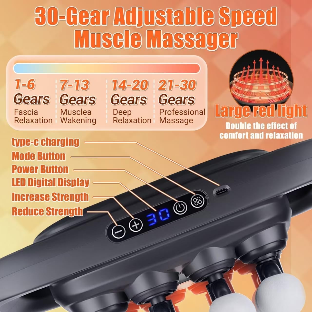 16 Head Deep Tissue Massage Gun 30 Speed Levels Full Body Muscle Relief