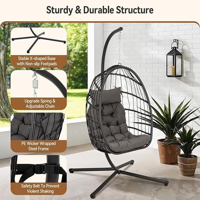 Hanging Egg Chair with Stand Indoor Outdoor Swing Seat Rattan Cushion 150KG