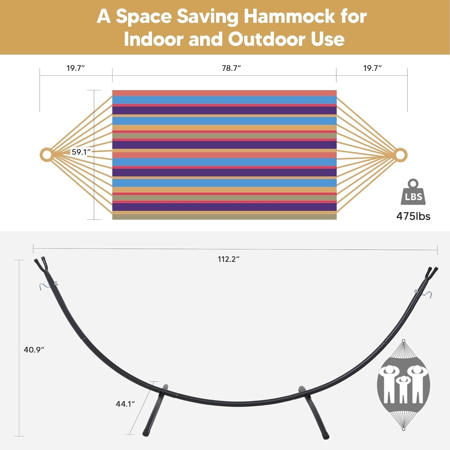 2 Person Hammock with Stand | 475lb Capacity | Portable Outdoor Bed | Rainbow