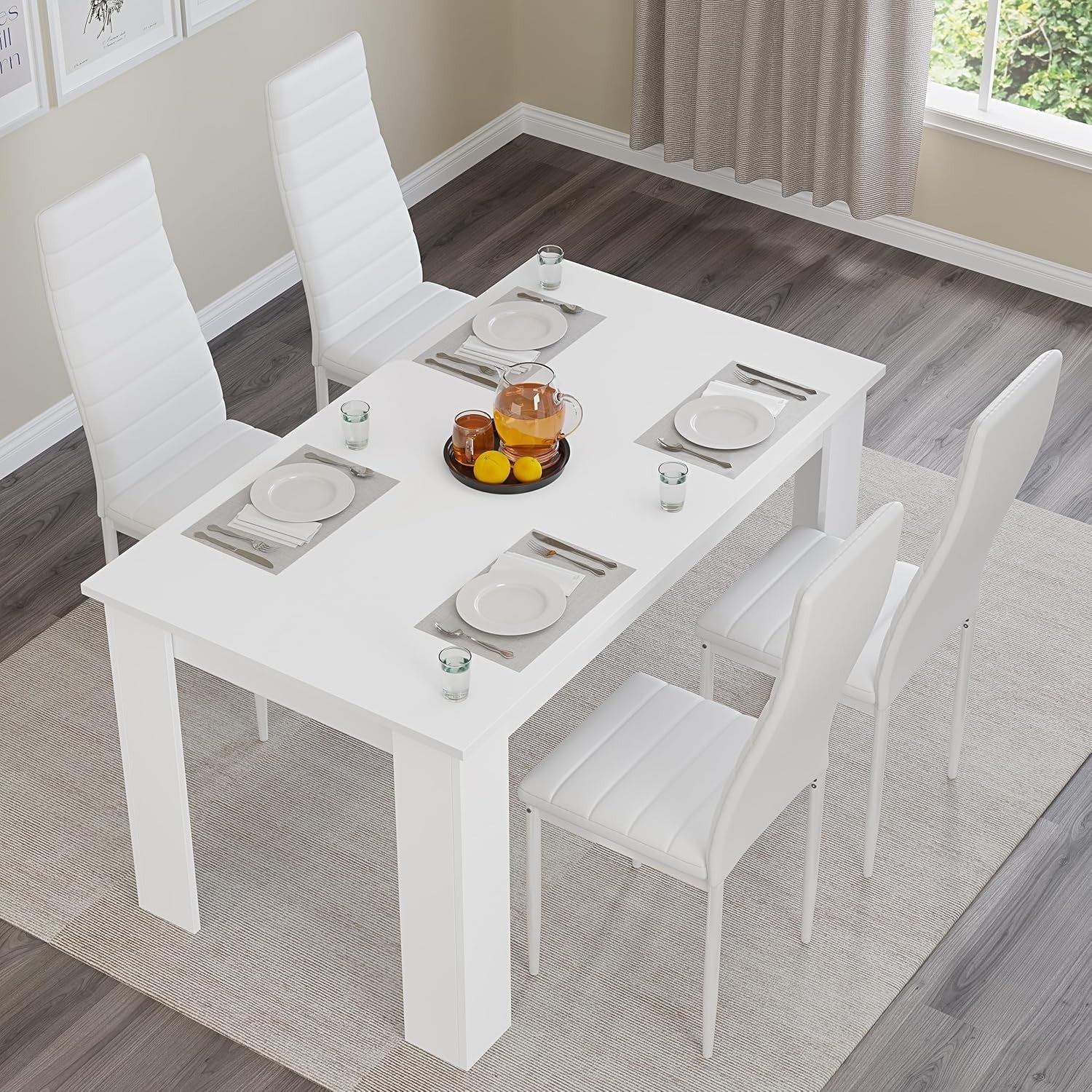 Modern White PU Leather Dining Table Set 4 Chairs 120x80cm Kitchen Room