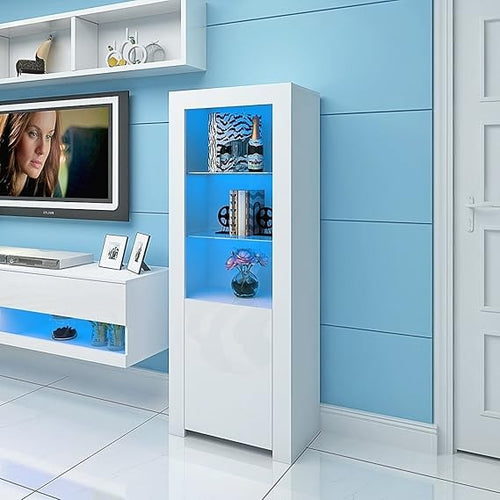 White LED Display Cabinet with Glass Shelves | Modern Tall Storage Cupboard