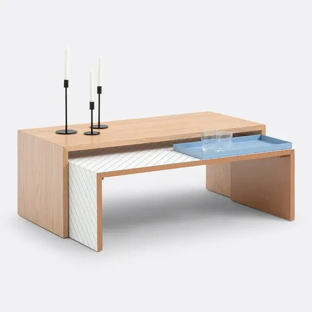 Modern Nesting Coffee Tables Set Oak & Glass Duo with Tray 110x50x42.5cm