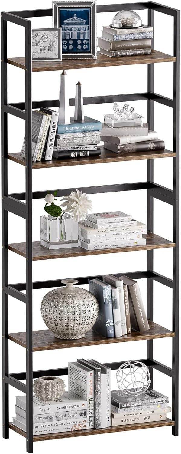 5-Tier Rustic Industrial Bookshelf, Tall Bamboo Frame Display Storage Unit