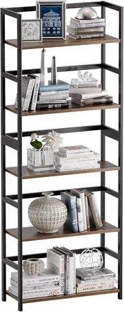 5-Tier Rustic Industrial Bookshelf, Tall Bamboo Frame Display Storage Unit
