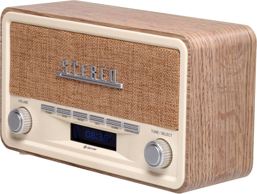 Retro DAB/DAB+ & FM Bluetooth Radio with Dual Alarm & AUX Input – Light Wood Fin